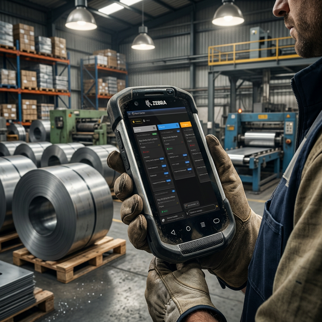 Control de calidad con PDA escaneando producto para trazabilidad ISO
