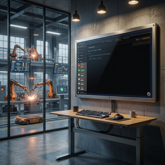 Centro de mando industrial con pantallas mostrando datos de producción en tiempo real