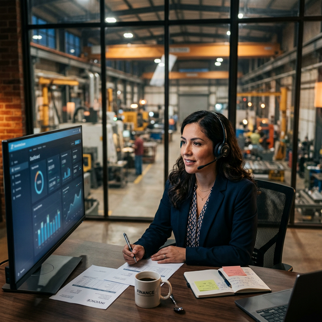 Agente digital de cobranza realizando llamada para recuperación de crédito en oficina industrial