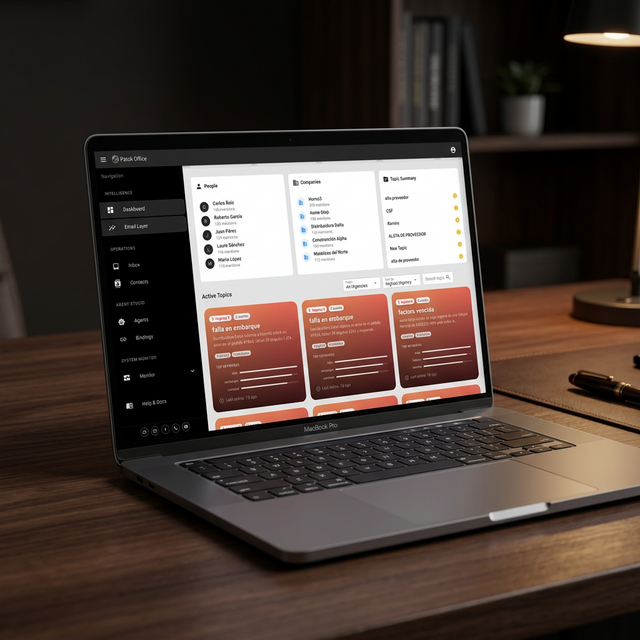 Patok Email Layer — Dashboard de People, Companies, Topics y Urgencia en laptop premium