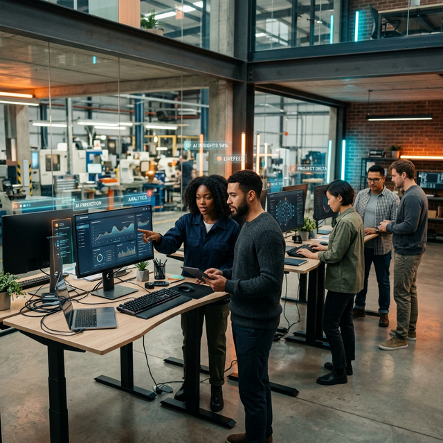 Equipo profesional trabajando con agentes digitales IA en oficina industrial moderna