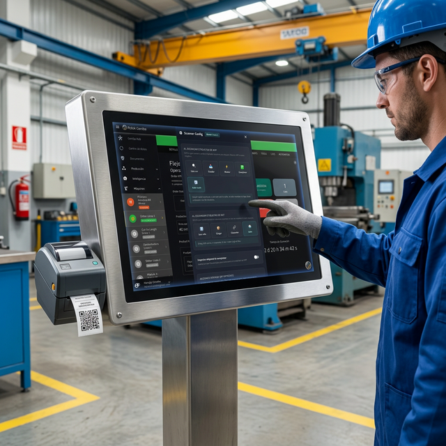 Kiosko industrial con escáner en maquiladora metálica