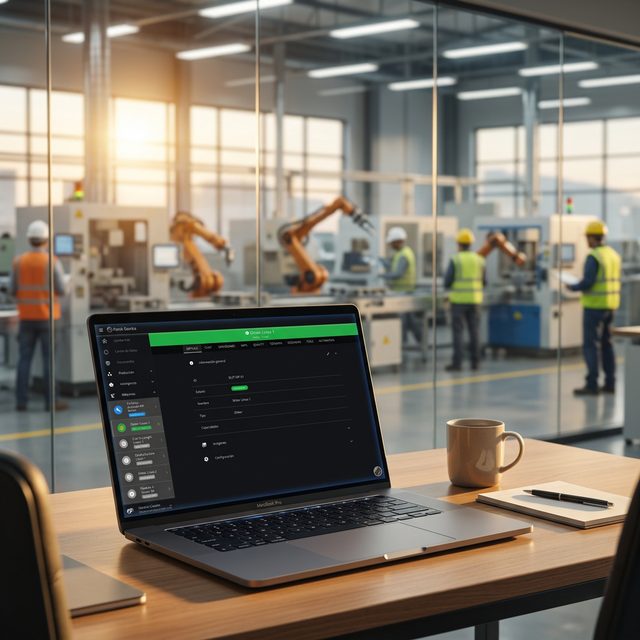 Laptop mostrando dashboard de máquina Patok para gerentes