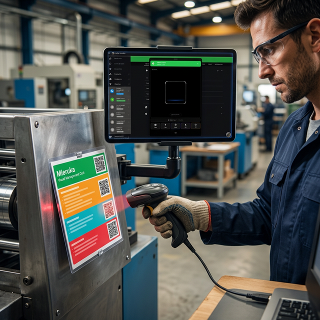Operador escaneando QR Action en poster Mieruka de estación de trabajo