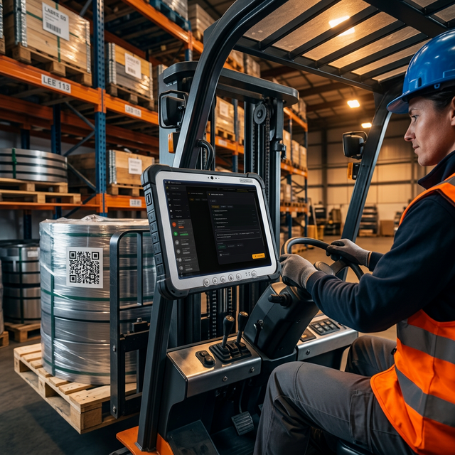 Escaneo de pallet con montacargas y acción QR de carga de material