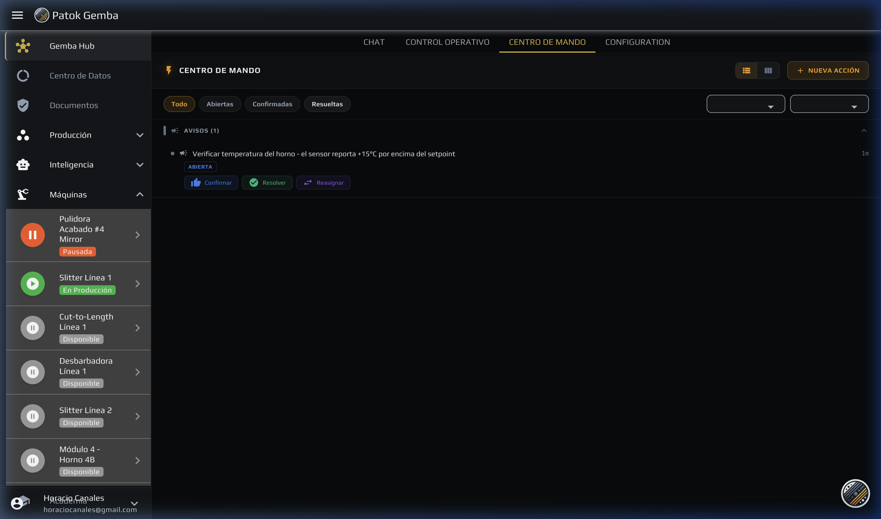 Centro de Mando Patok con métricas de producción pobladas