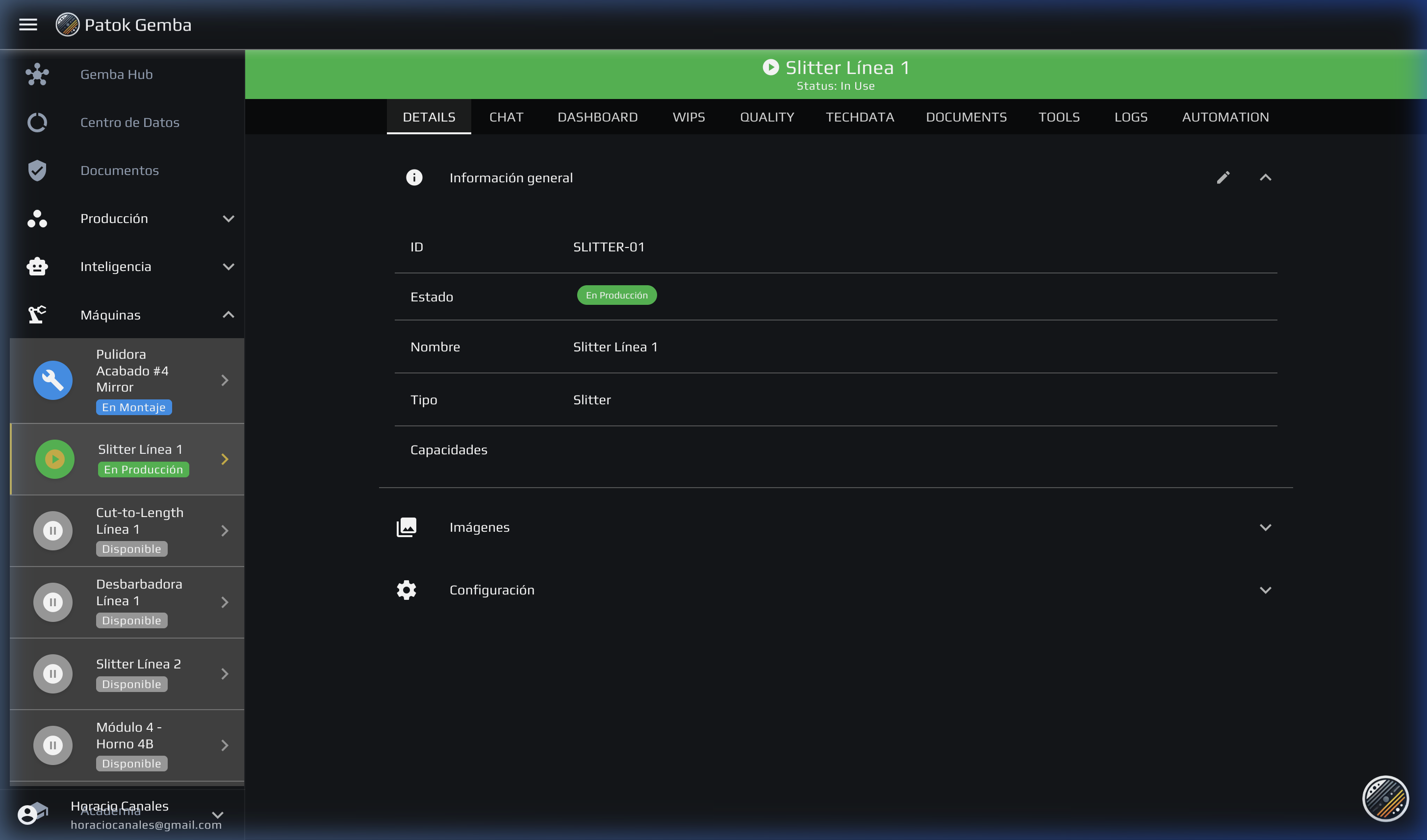 Dashboard individual de máquina con métricas detalladas y Gantt